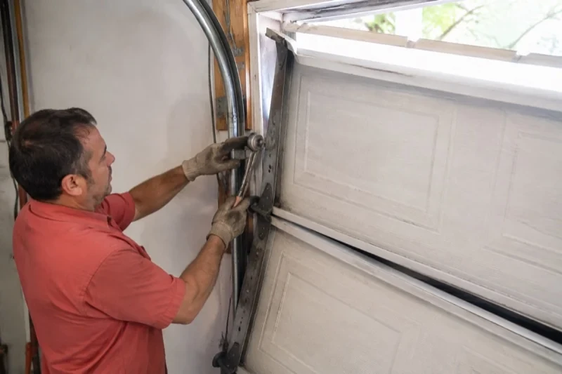 Person holding tools beside a roller and curved track on a tilted garage-door section
